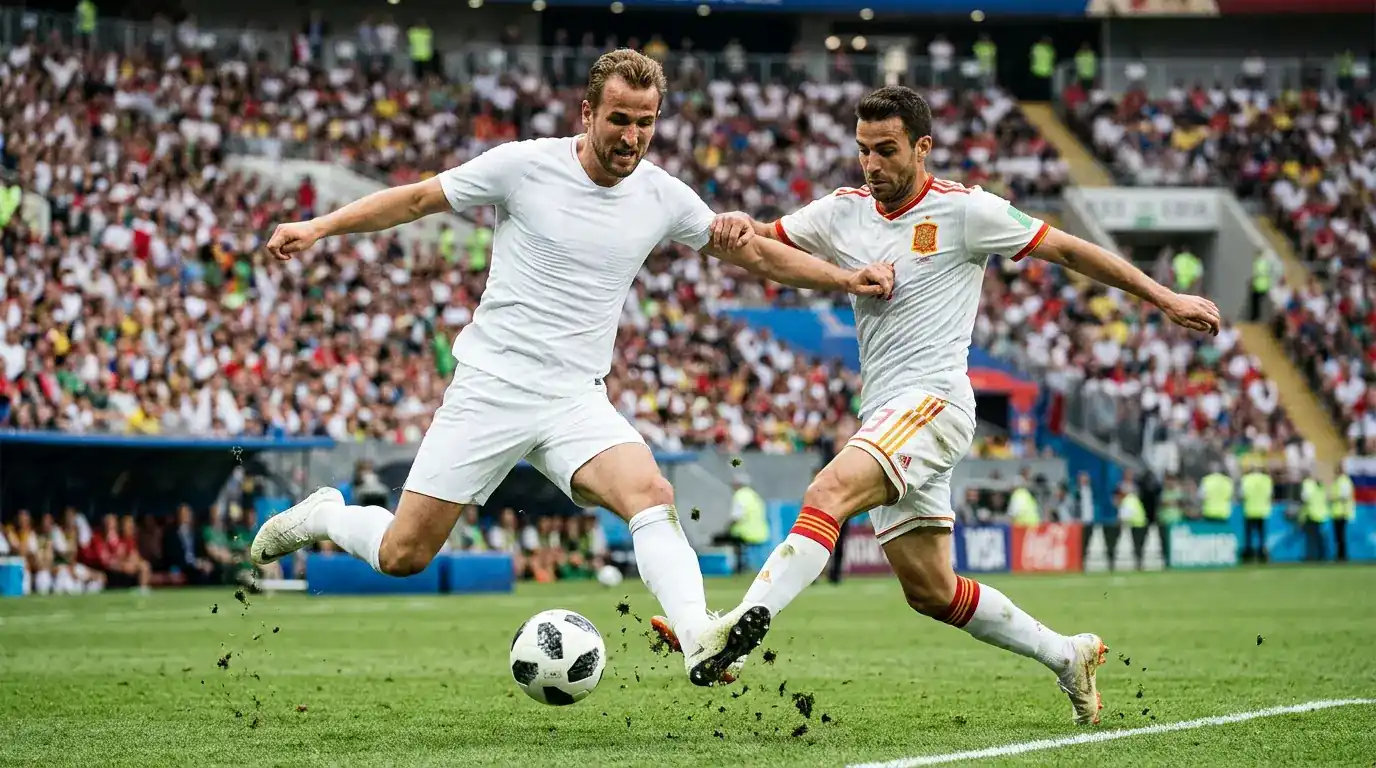 Anglijas un Ganas futbolisti cīņā par bumbu Pasaules kausa spēlē