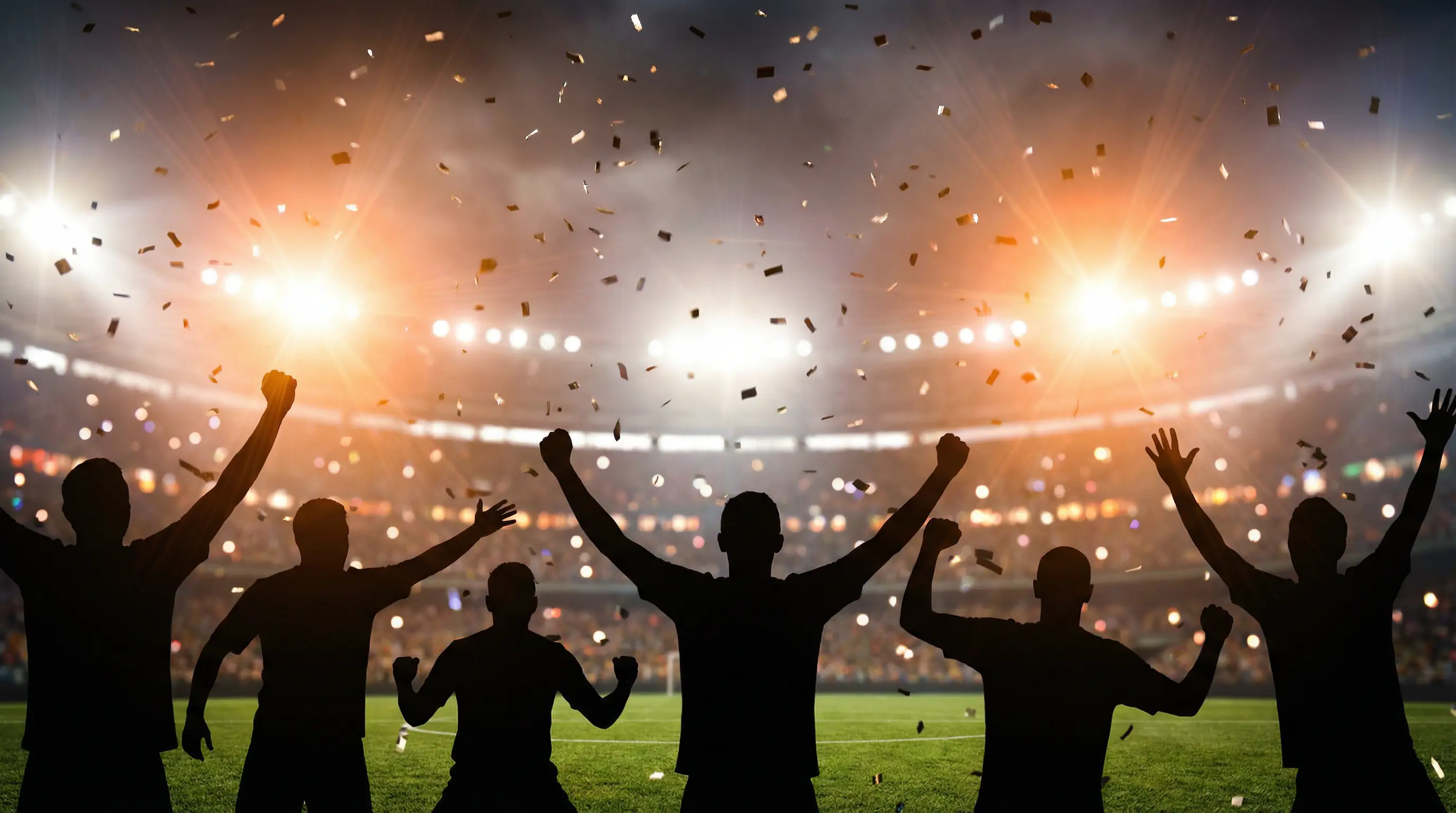 Futbolisti svin vārtu guvumu ar paceltām rokām uz stadiona fona