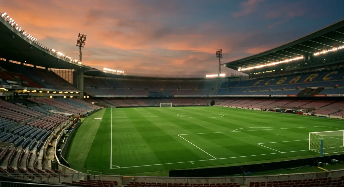 Futbola stadions ar spilgtu prožektoru gaismu un tukšu zaļo laukumu vakarā