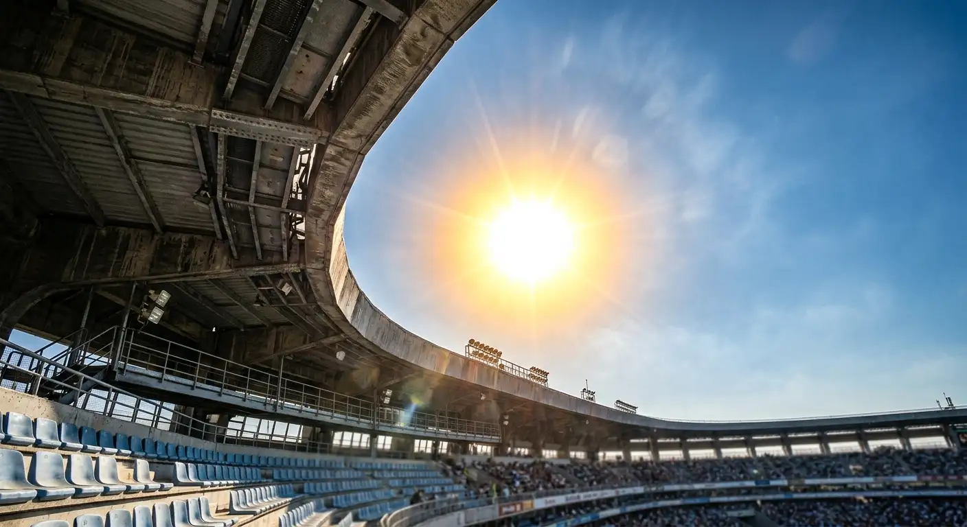 Termometrs un spilgta saule virs stadiona jumta karstā dienā