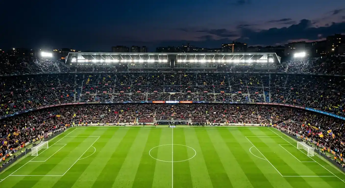 Naksnīga futbola stadiona tribīnes ar spēles apgaismojumu un pūļa noskaņu