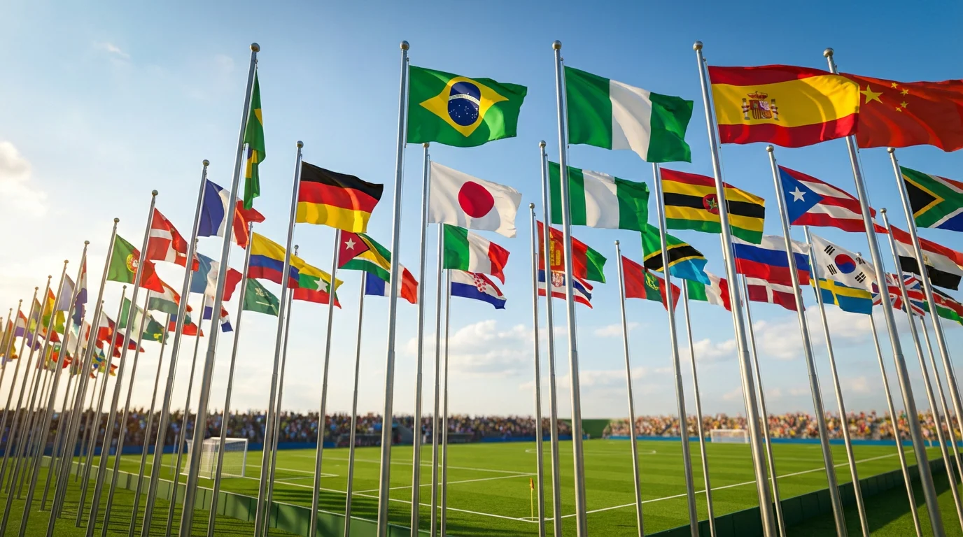 Pasaules kausa 2026 dalībvalstu karogi uz futbola laukuma fona