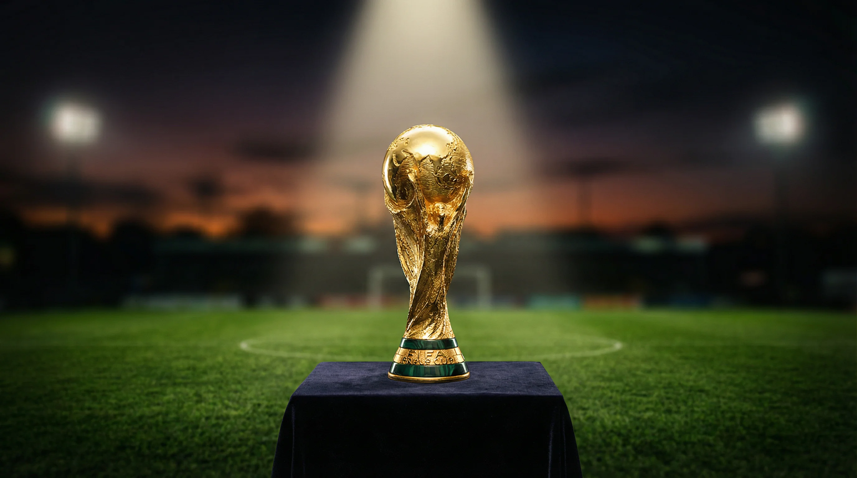 FIFA Pasaules kausa trofeja uz futbola laukuma zaļā zāliena fona